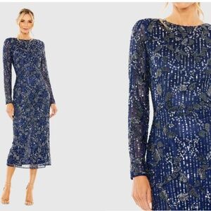 MAC DUGGAL 5988 MIDNIGHT NAVY HIGH NECK LONG SLEEVE EMBELLISHED MIDI DRESS sz 12